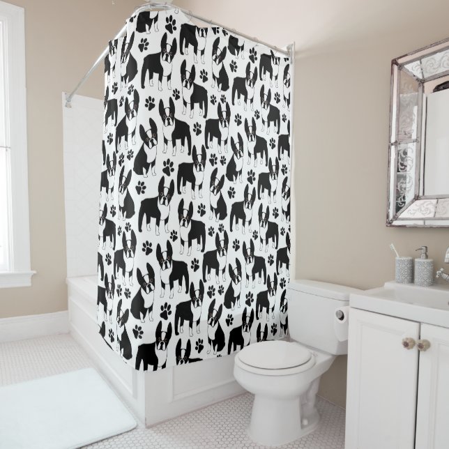 Rideaux De Douche Noir et blanc Boston Terrier (En situation)