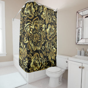 Rideaux De Douche Noir et or brillant Motif damassé floral
