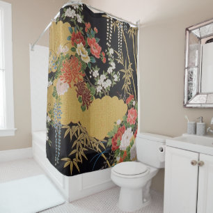 Rideaux De Douche Noir et or traditionnel japonais Kimono floral