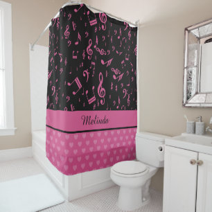 Rideaux De Douche Noir fait sur commande de rose de motif de notes