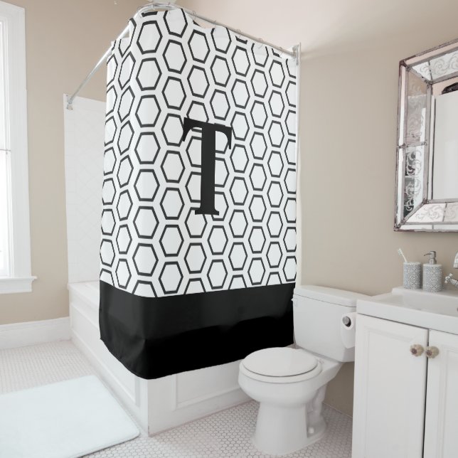Rideaux De Douche Noir moderne Hexagon blanc Honeycomb initial (En situation)
