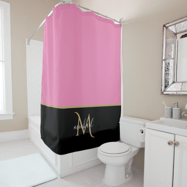 Rideaux De Douche Noir | Monogramme Rose & Or Élégant Luxe (En situation)