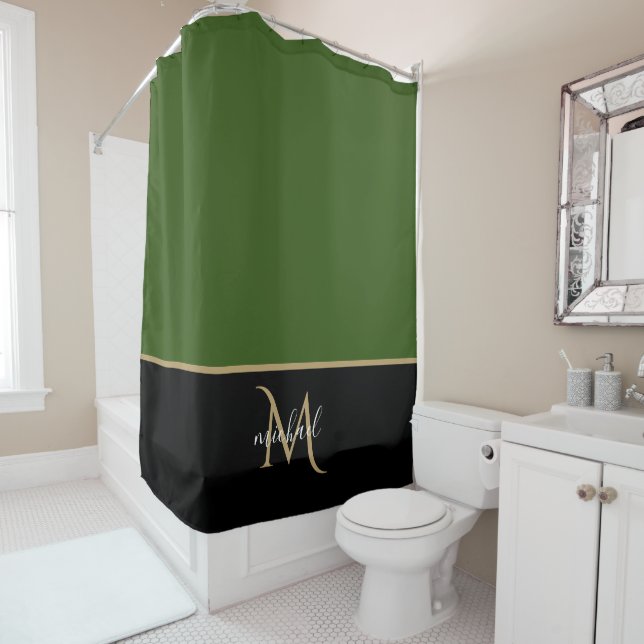 Rideaux De Douche Noir | Monogramme Vert et Or Élégant Luxe (En situation)