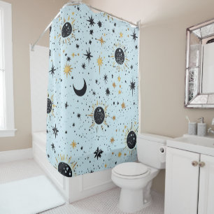 Rideaux De Douche Noir, Or et Bleu Soleil Lune Étoiles Célestes