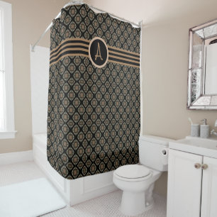 Rideaux De Douche Noir & Or Moderne Motif de Monogramme classique