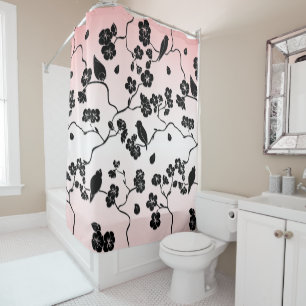 Rideaux De Douche Noir sur les oiseaux Motifs roses et fleurs de cer