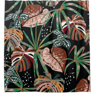 Rideaux De Douche Noir tropical : Motif de forêt exotique foncé