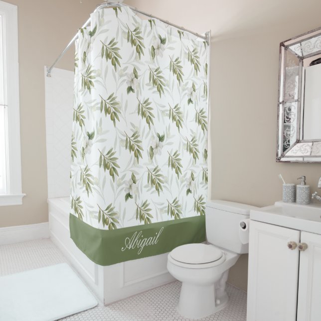 Rideaux De Douche Nom Aquarelle Olive Sage Intemporelle (En situation)