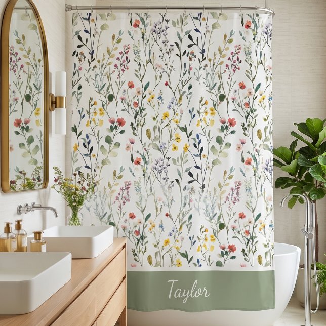 Rideaux De Douche Nom botanique de fleur sauvage aquarelle  (Créateur téléchargé)
