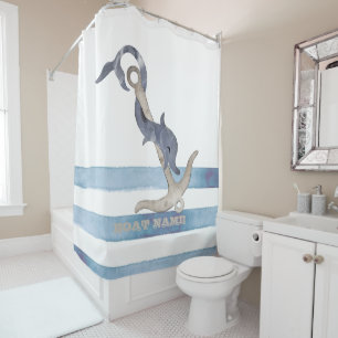 Rideaux De Douche Nom de bateau nautique, rayures de dauphin d'ancre