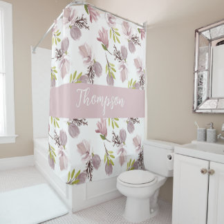 Rideaux De Douche Nom de famille moderne design aquarelle rose flora