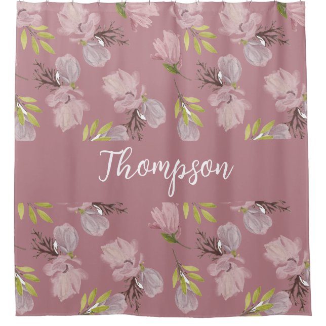 Rideaux De Douche Nom de famille moderne joli script floral rose élé (Devant)