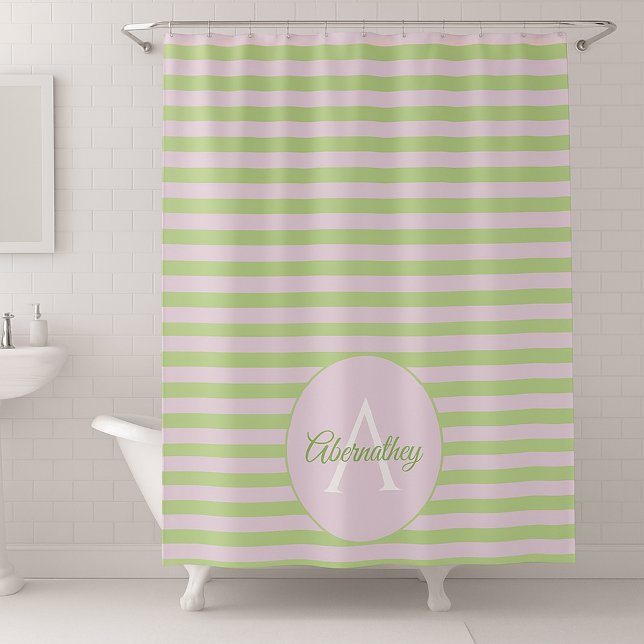 Rideaux De Douche Nom de famille Monogram Pastel Rose Vert rayé (Personalized pastel striped shower curtain.)