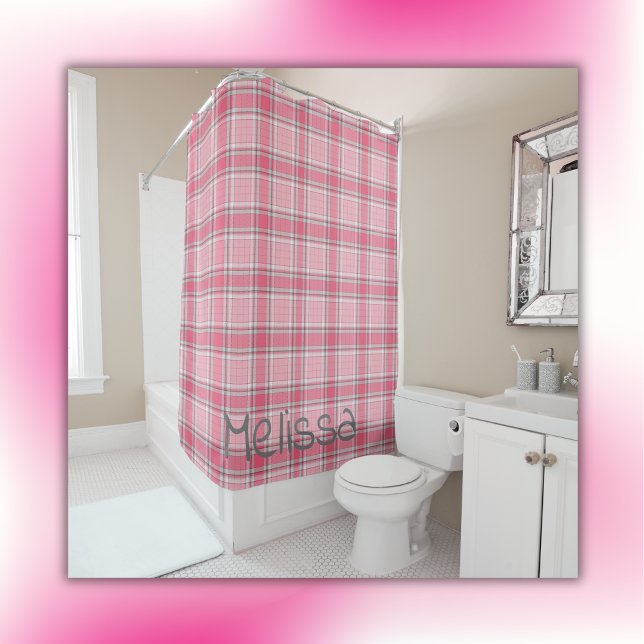Rideaux De Douche Nom de la plaque rose et blanc Monogramme | (Créateur téléchargé)
