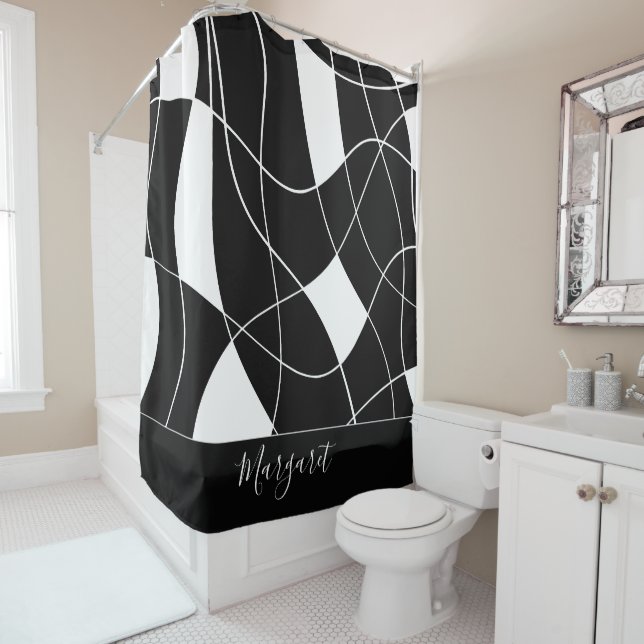 Rideaux De Douche Nom de monogramme abstrait noir et blanc élégant (En situation)
