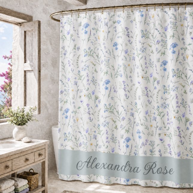 Rideaux De Douche Nom de monogramme de fleur sauvage aquarelle bleu  (Créateur téléchargé)