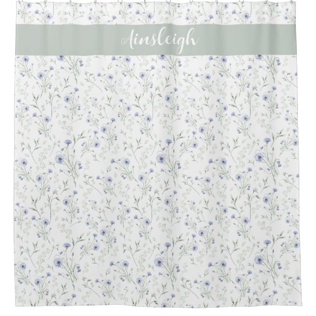 Rideaux De Douche Nom de monogramme de fleur sauvage aquarelle bleu  (Devant)