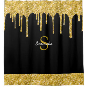 Rideaux De Douche Nom de monogramme noir avec goutte de paillettes d