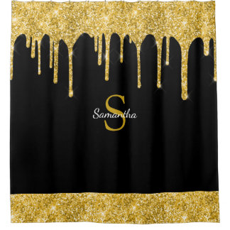 Rideaux De Douche Nom de monogramme noir avec goutte de paillettes d