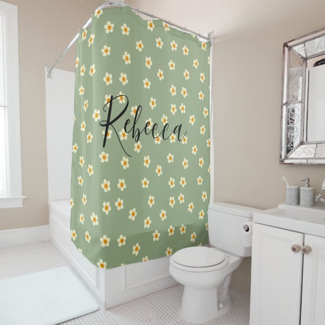 Rideaux De Douche Nom de script personnalisé Cute Daisy Motif Vert (En situation)