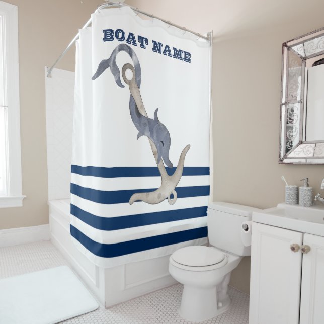 Rideaux De Douche Nom du bateau, Ancre Dauphin rayures blanches bleu (En situation)