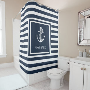 Rideaux De Douche Nom du bateau Ancres Nautiques Rayées Bleu Marine