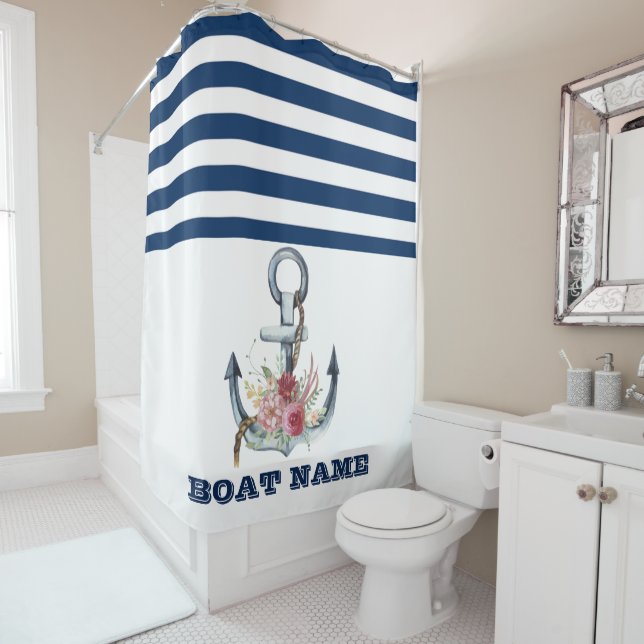 Rideaux De Douche Nom du bateau, fleurs d'ancre bleu marine rayé (En situation)