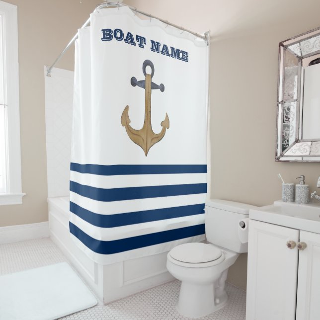 Rideaux De Douche Nom du bateau, Rétro Ancre Navy Bleu Blanc Rayures (En situation)