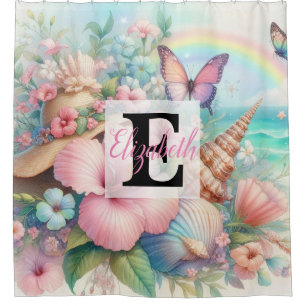 Rideaux De Douche Nom du monogramme sur l'aquarelle Fleurs coquillag