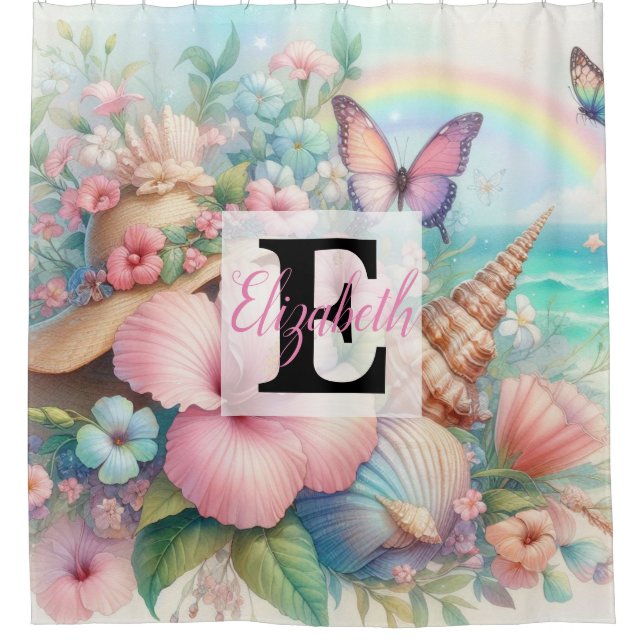 Rideaux De Douche Nom du monogramme sur l'aquarelle Fleurs coquillag (Devant)