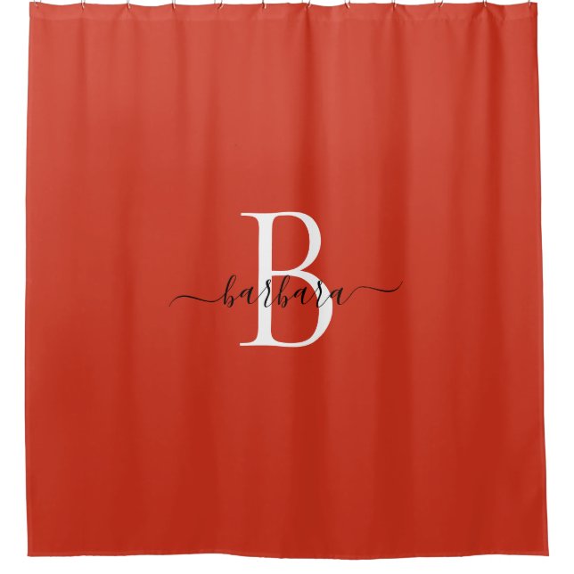 Rideaux De Douche Nom élégant en monogramme rouge script (Devant)