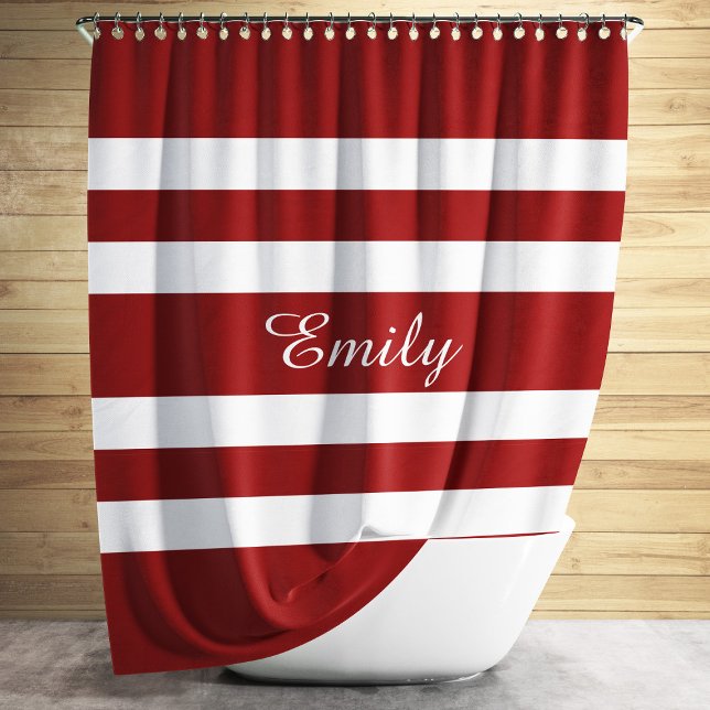 Rideaux De Douche Nom En Grille Rouge Et Blanc Moderne (Modern Red Stripes Pattern Shower Curtain)