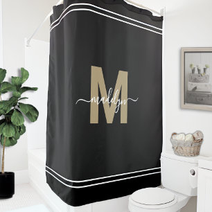 Rideaux De Douche Nom Féminin Élégant en Monogramme Script Or Noir