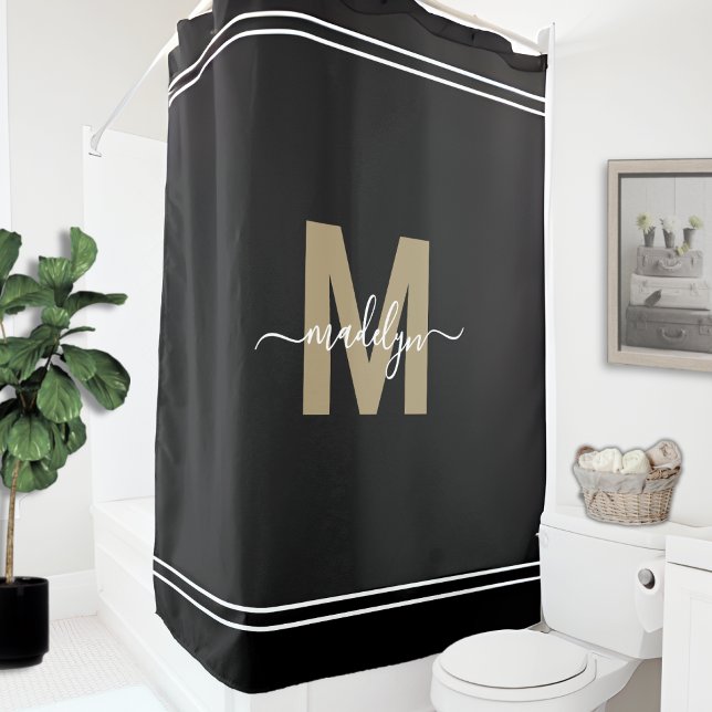 Rideaux De Douche Nom Féminin Élégant en Monogramme Script Or Noir (Elegant Feminine Black Gold Monogram Script Name Shower Curtain )