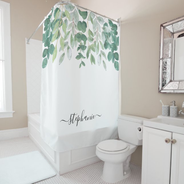 Rideaux De Douche Nom Monogram Eucalyptus Vert (En situation)