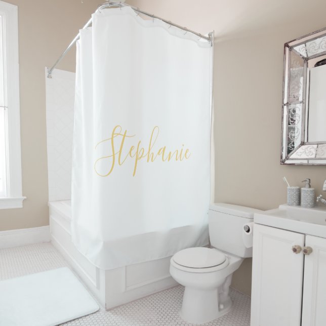 Rideaux De Douche Nom Monogram Gold White Classy Elegant Custom (En situation)