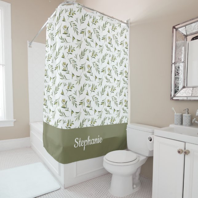 Rideaux De Douche Nom monogramme aquarelle vert sauge olive (En situation)