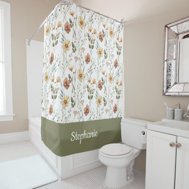 Rideaux De Douche Nom monogramme fleur sauvage aquarelle Boho Green (Créateur téléchargé)