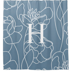 Rideaux De Douche Nom Monogramme Fleur Sauvage Élégant Moderne Bleu
