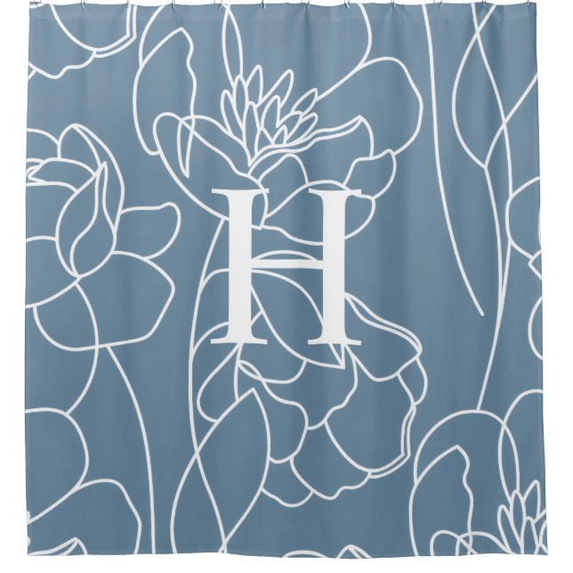 Rideaux De Douche Nom Monogramme Fleur Sauvage Élégant Moderne Bleu (Devant)
