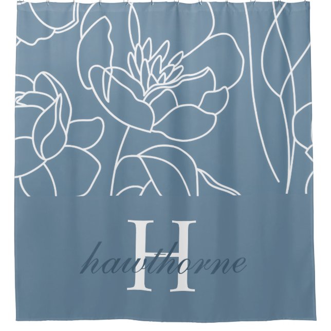 Rideaux De Douche Nom Monogramme Fleur Sauvage Élégant Moderne Bleu (Devant)