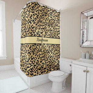Rideaux De Douche Nom Monogramme Imprimé Léopard Noir Or Guépard