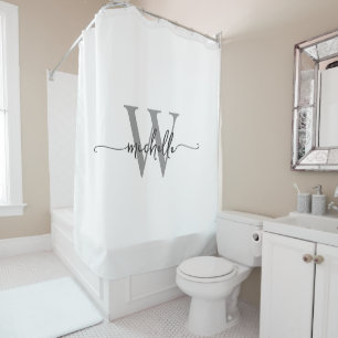 Rideaux De Douche Nom Monogramme Moderne Élégant Blanc Gris