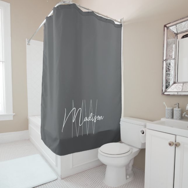 Rideaux De Douche Nom Monogramme moderne Script Grey (En situation)
