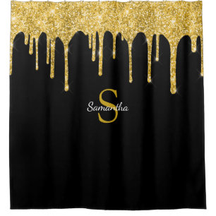 Rideaux De Douche Nom Monogramme Noir avec Gouttes de Paillettes Dor