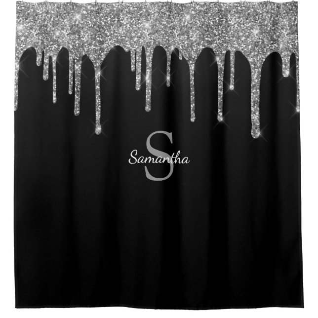 Rideaux De Douche Nom Monogramme Paillettes Argentées Chic (Devant)
