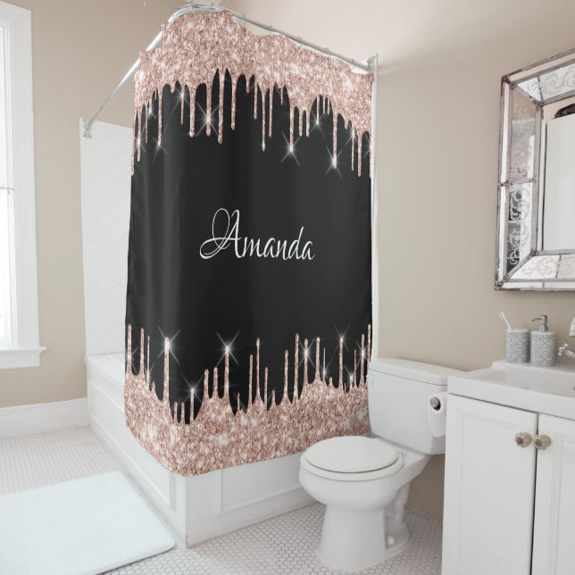 Rideaux De Douche Nom Parties scintillant étincelante gouttes rose R (En situation)
