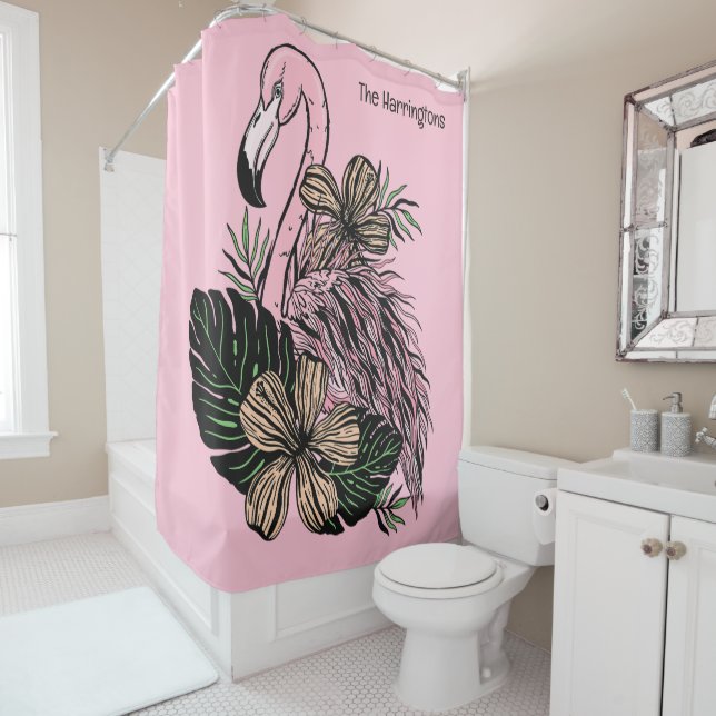 Rideaux De Douche Nom personnalisé et couleur Flamant rose rose (En situation)
