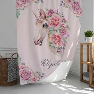Rideaux De Douche Nom personnalisé Licorne Fleurie Aquarelle Rustiqu