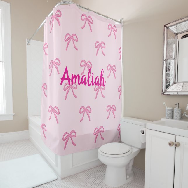 Rideaux De Douche Nom personnalisé Pink Bow Coquette (En situation)